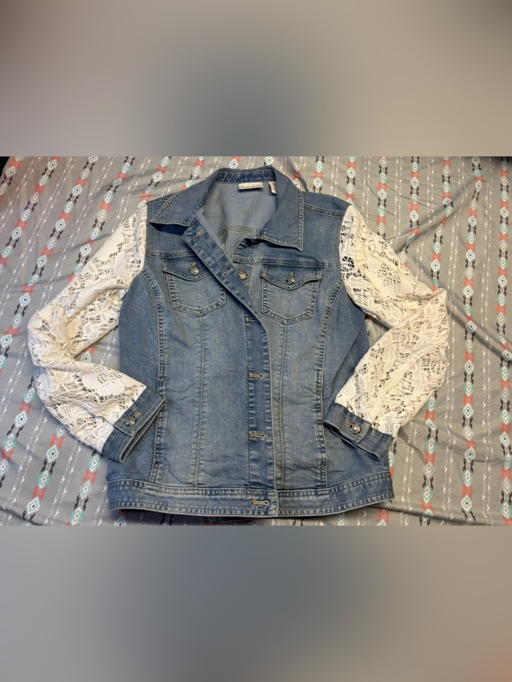 ⚛️Chico's Light Blue Denim Jacket with White Lace Sleeves